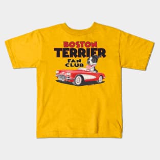 Cute fur baby Boston Terrier riding in Yellow Classic Car Kids T-Shirt